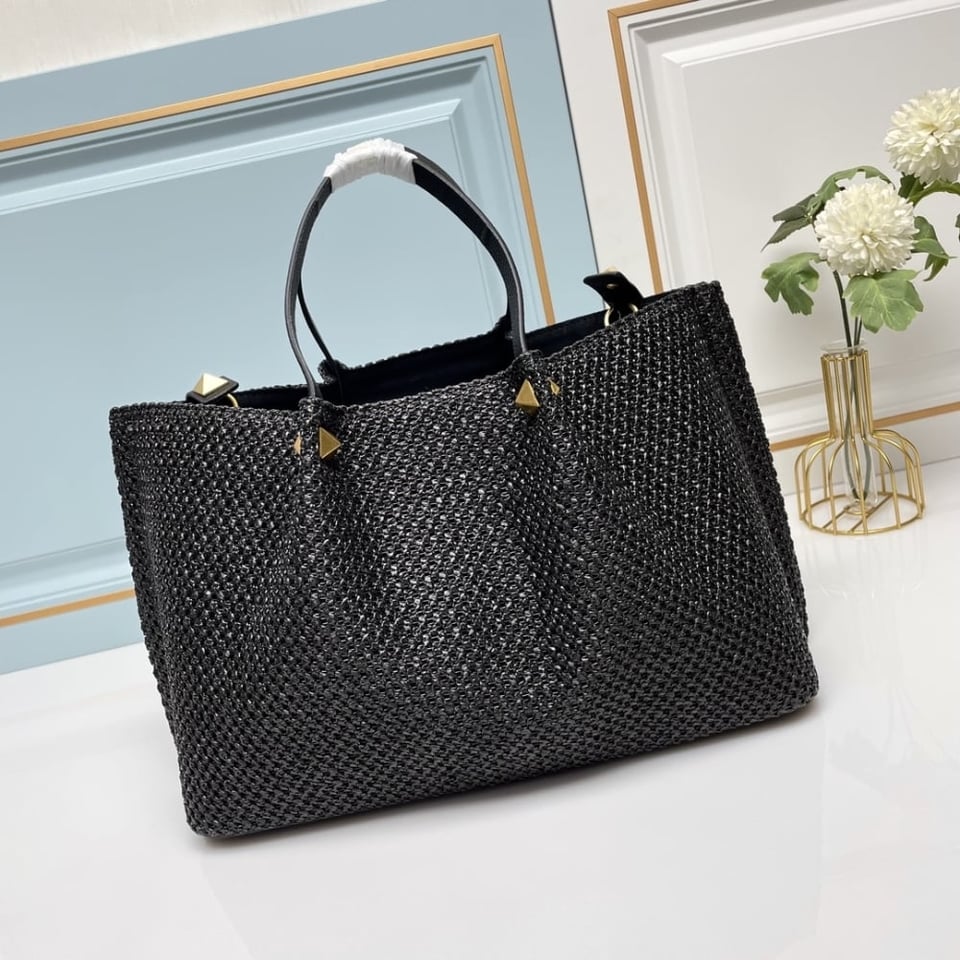 Valentino Garavani Medium Straw Summer Tote Black 35Cm view 5