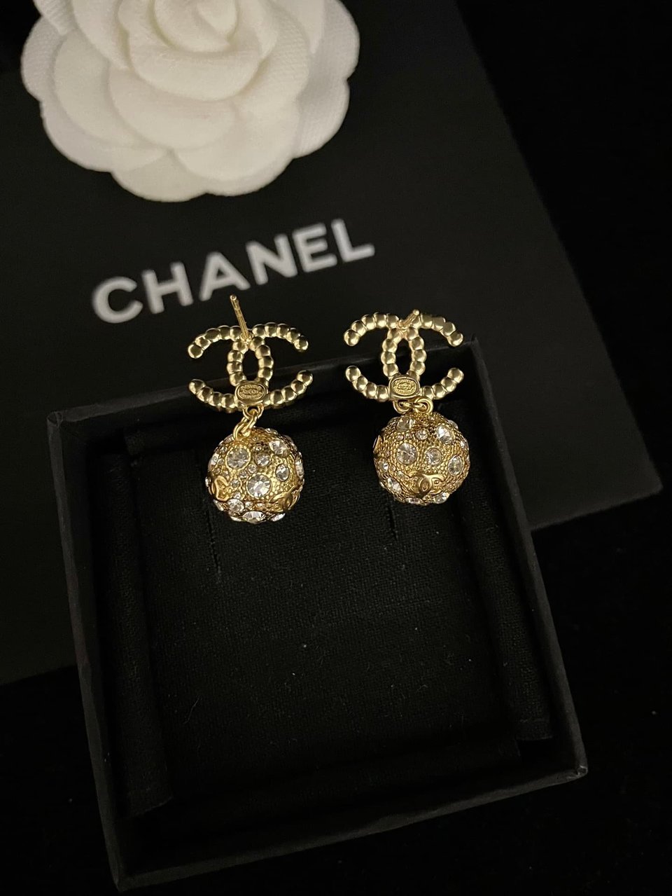 Chanel New Cc Gold Ball Crystal Pearl Drop Earrings view 2