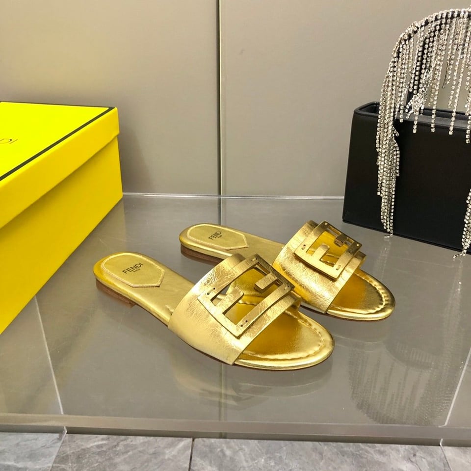 Fendi Baguette Gold Nappa Leather Slides 8R8136Ai16F0Xv6 view 3