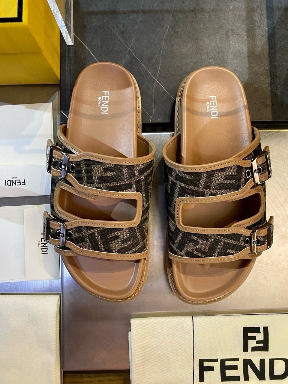 Fendi FF Jacquard Double Buckle Slide Sandals for Men view 5
