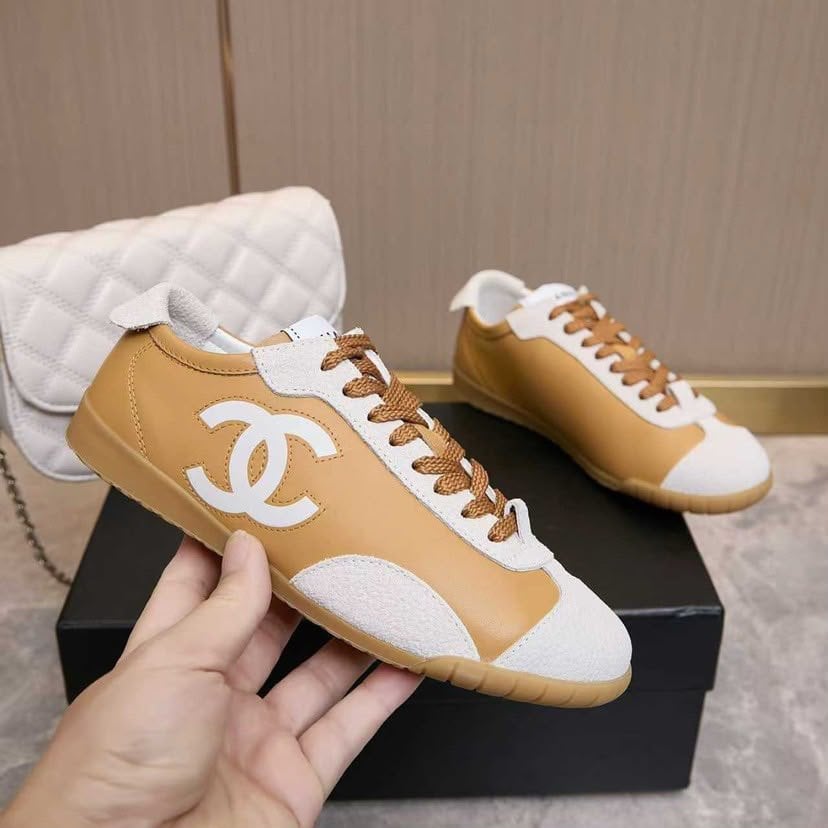 Chanel Calfskin Suede Sneakers with White CC Logo Beige Camel White &amp; Gum G39860 view 2