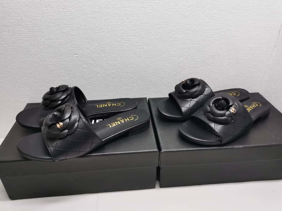 Chanel Camellia Leather Slides Black view 3