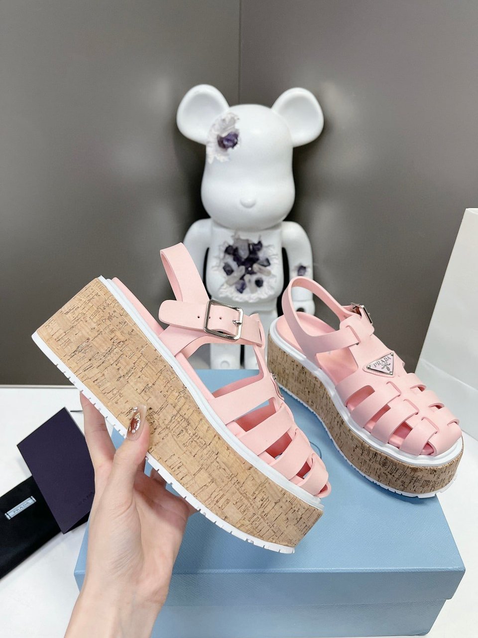 Prada Rubber Wedge Platform Sandals Light Pink view 5