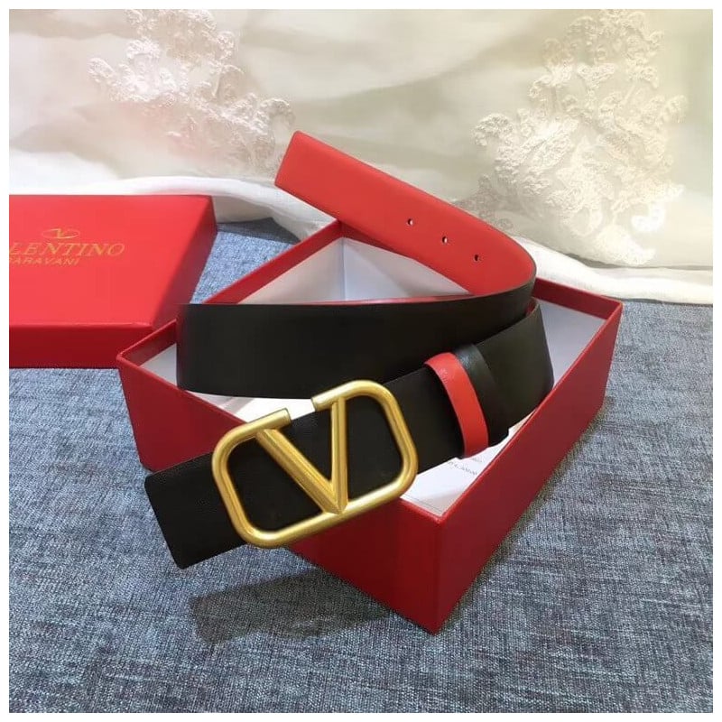 Valentino Reversible Vlogo Belt In Black / Red Glossy Calfskin 40 mm