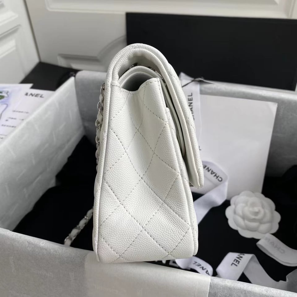 Chanel Classic Double Flap Bag White Silver Hardware 25Cm/10in view 8