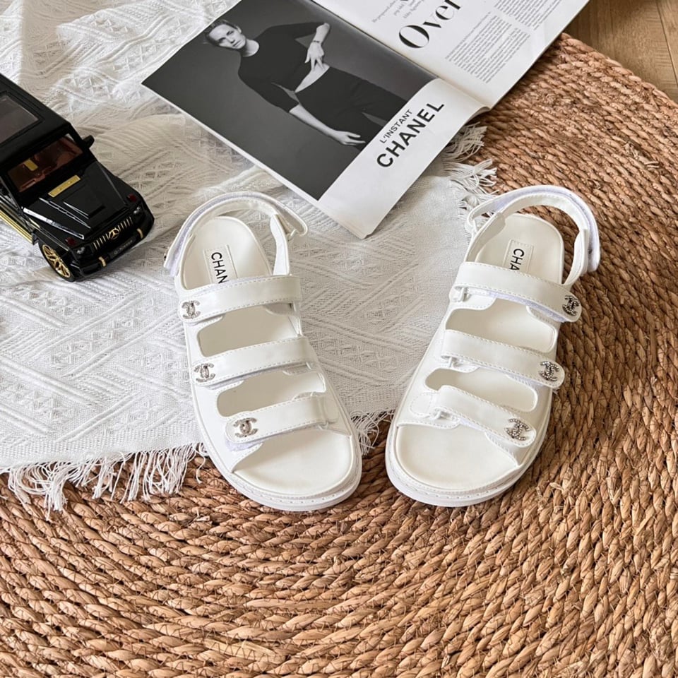Chanel Triple Velcro Strap Sandals White G45628 view 10