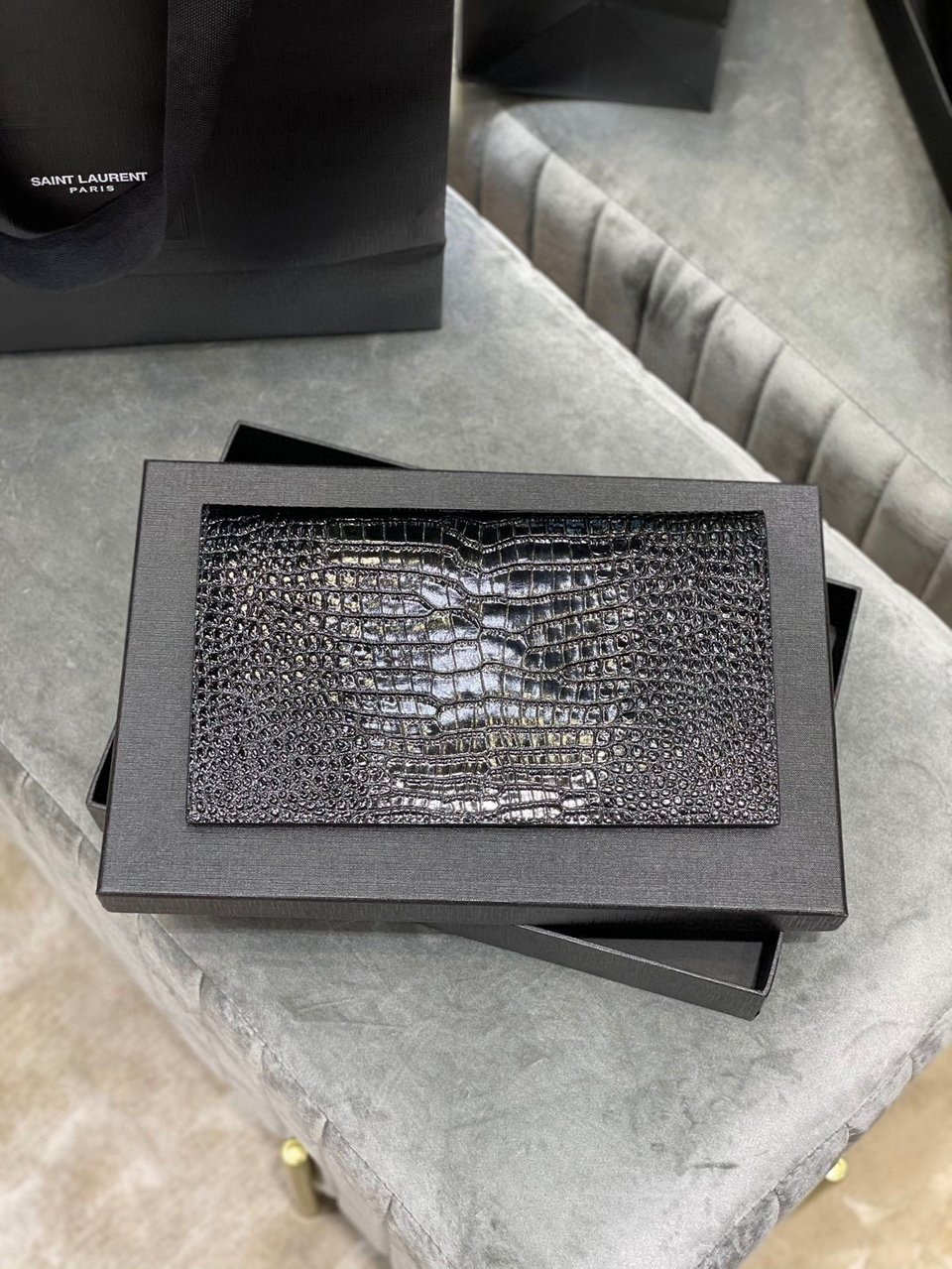 Saint Laurent Uptown Pouch In Crocodile Embossed Shiny Leather view 10