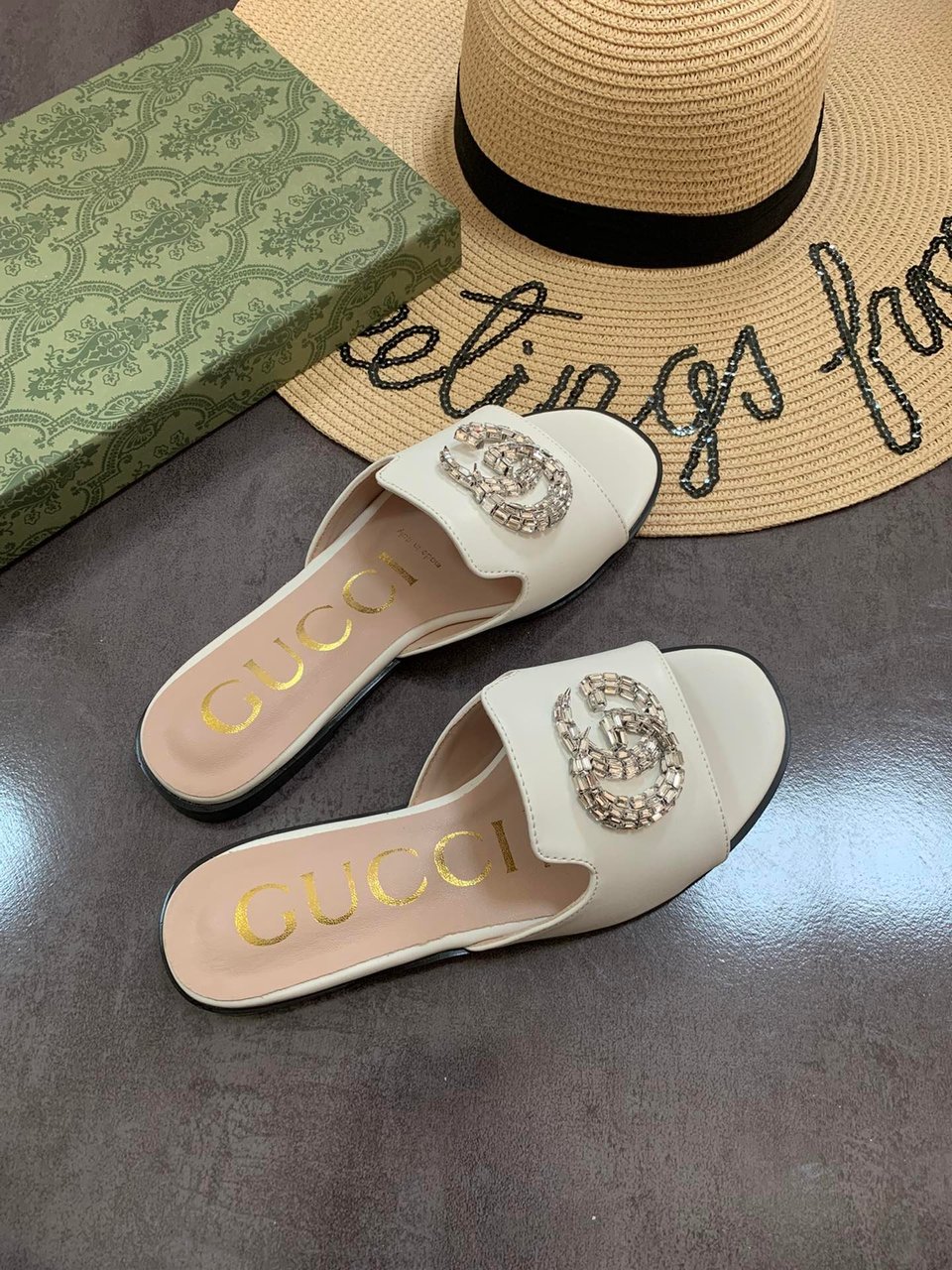 Gucci Double G Slippers Leather Beaded In White view 6