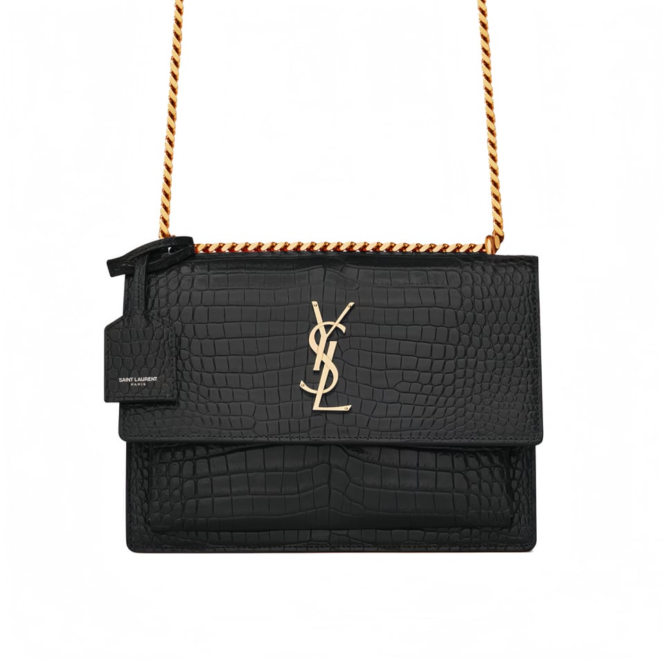 Saint Laurent Sunset Medium In Crocodile Embossed Leather Black 22Cm