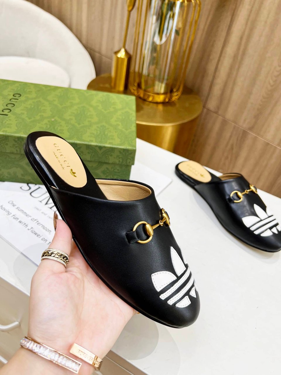 Gucci X Adidas Women’S Trefoil Slipper Leather Black view 3
