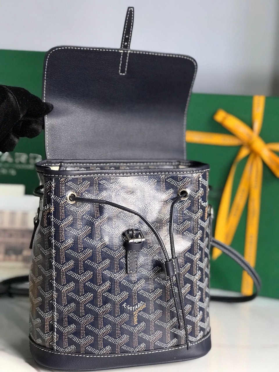 Goyard Alpin Mini Backpack 21cm Navy Blue Lambskin And Goyardine Canvas view 6