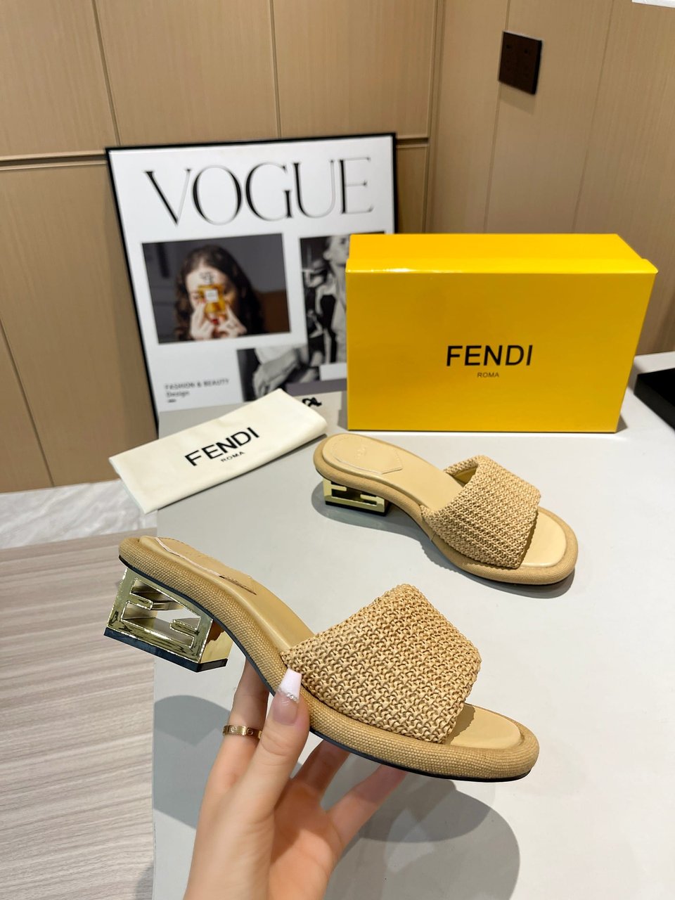 Fendi Baguette Raffia Slide Sandal Natural Neutral view 5