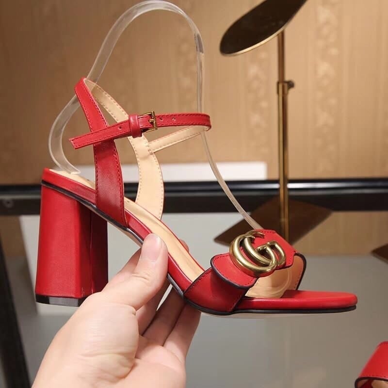 Gucci Leather Mid Heel Sandal Red view 7