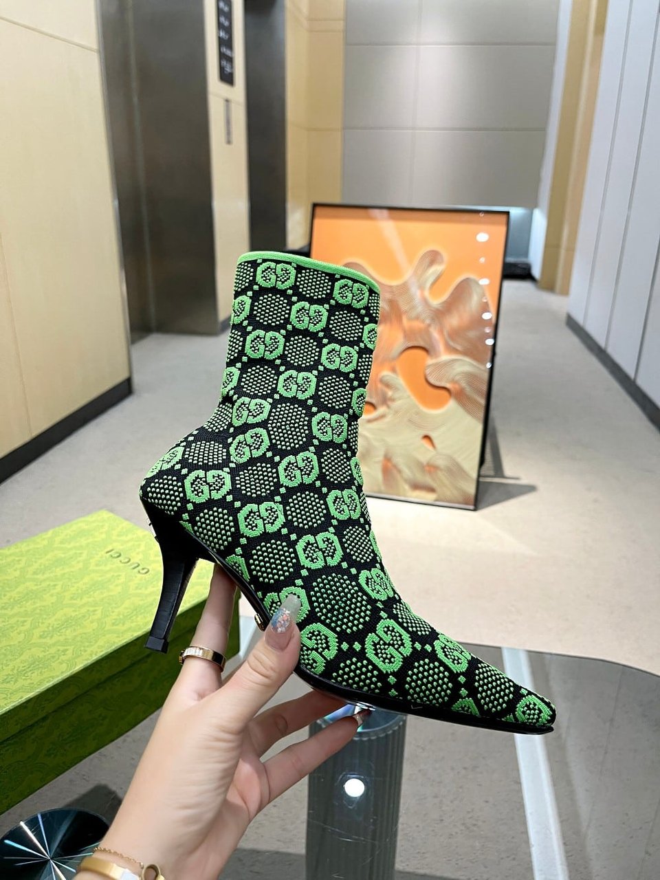 Gucci Gg 75Mm Knit Ankle Boots Black Fluorescent Green Fabric718378 Faaqp 1004 view 11