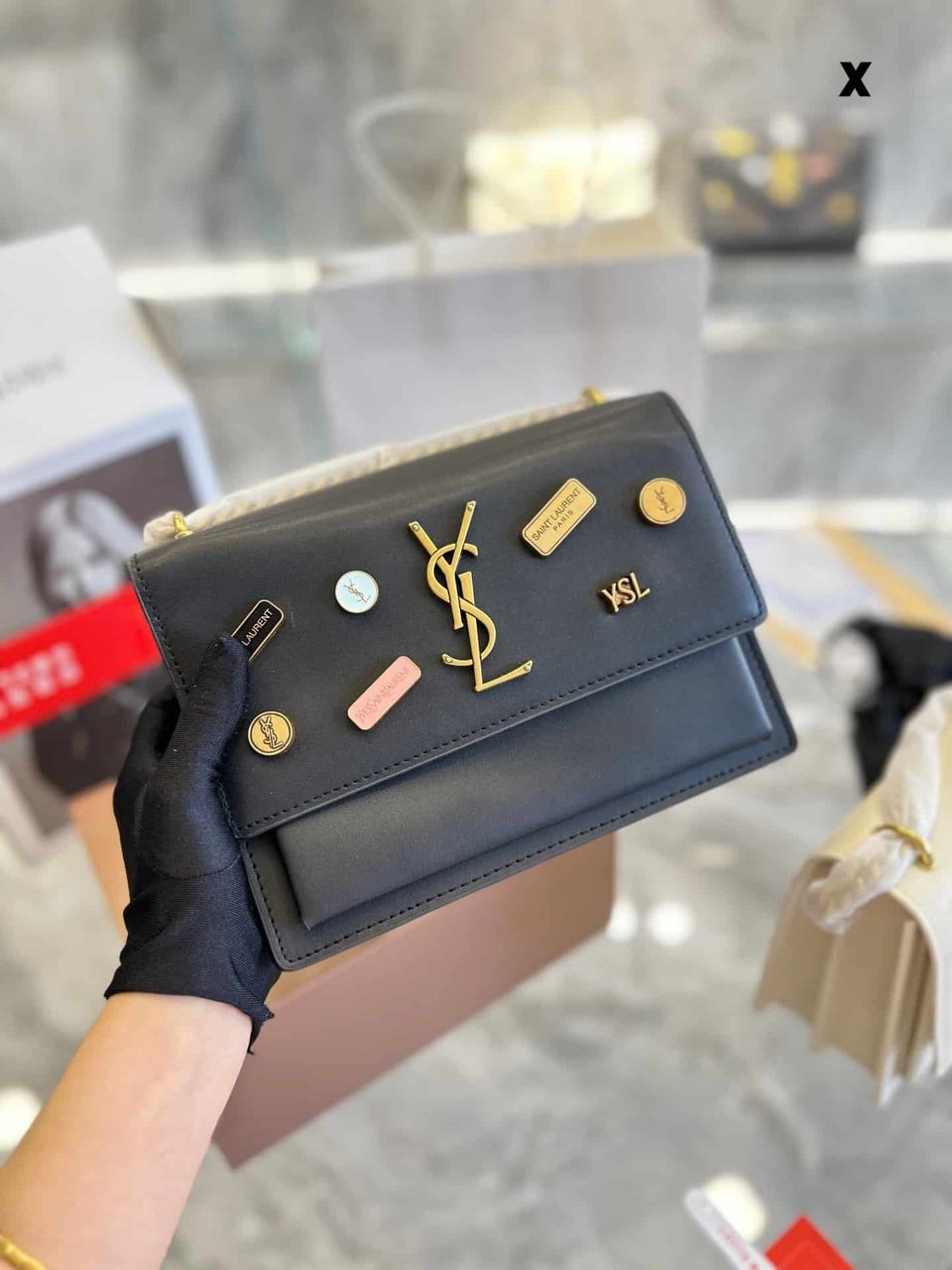 Saint Laurent Sunset Chain Bag In Smooth Leather With Sticker Black 22Cm view 7
