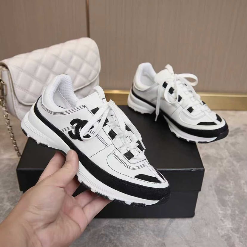 Chanel Lace Up Sneakers White Black view 3