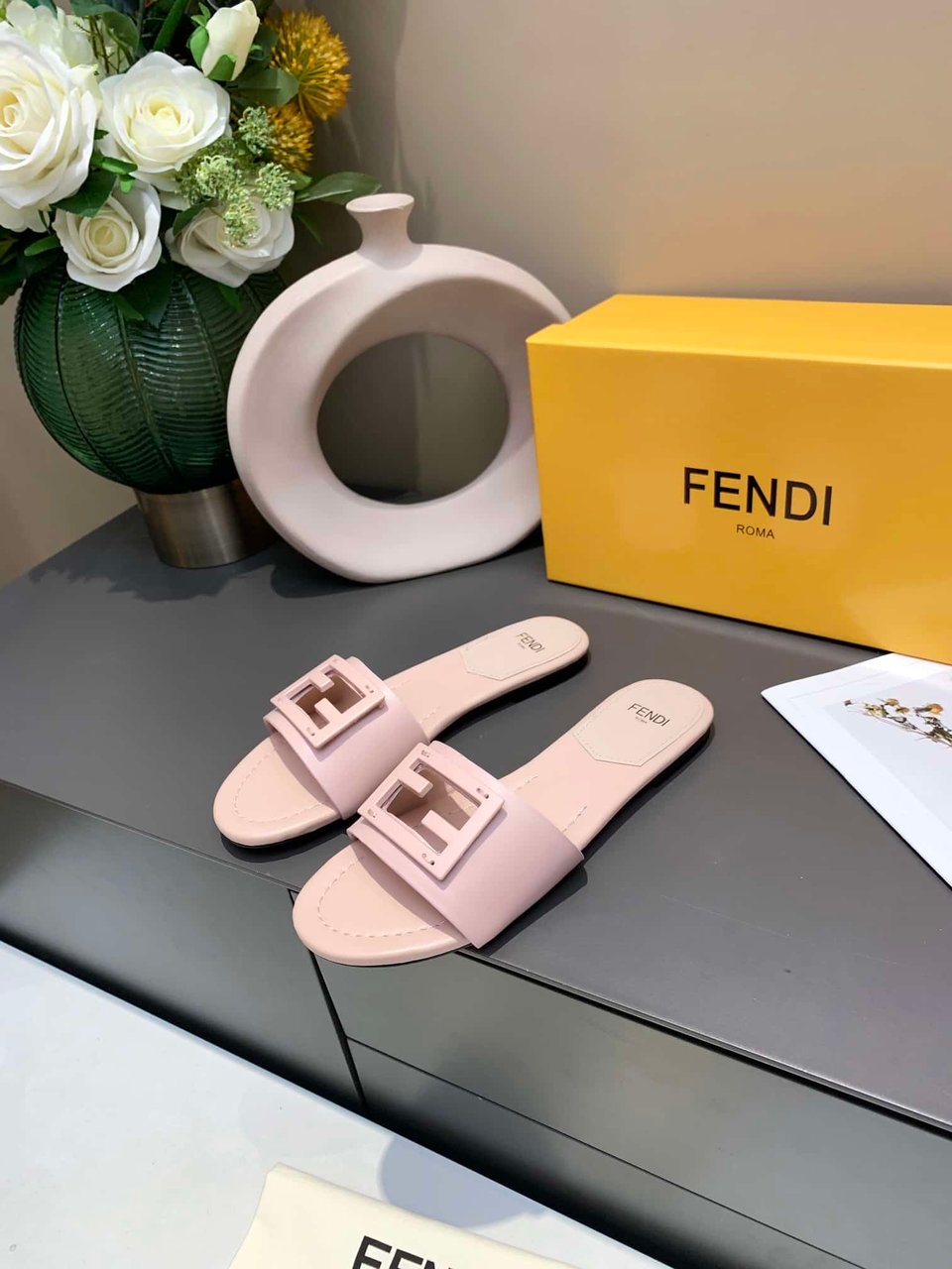 Fendi Signature Leather Sandals Slide Pink 8R8136Ae7Tf1Fgd view 6