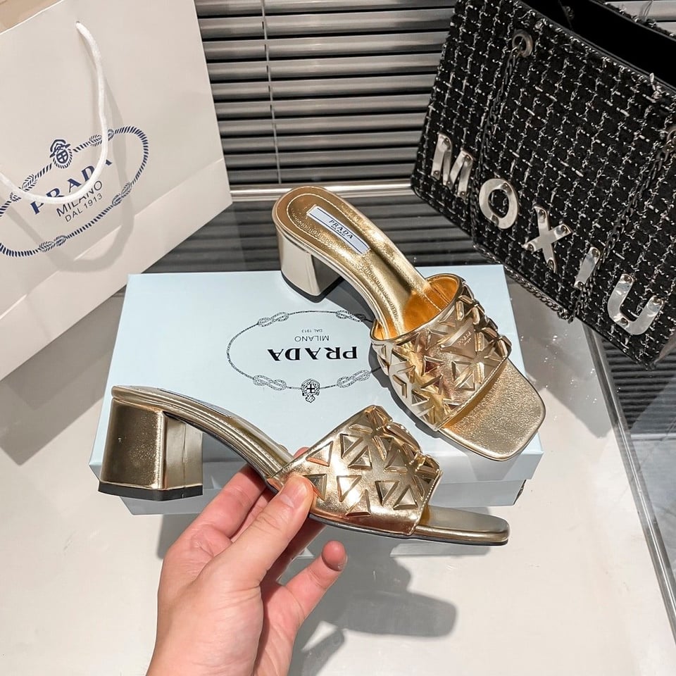 Prada Ciabatte Spazzolato Borchie Sandals Gold view 3