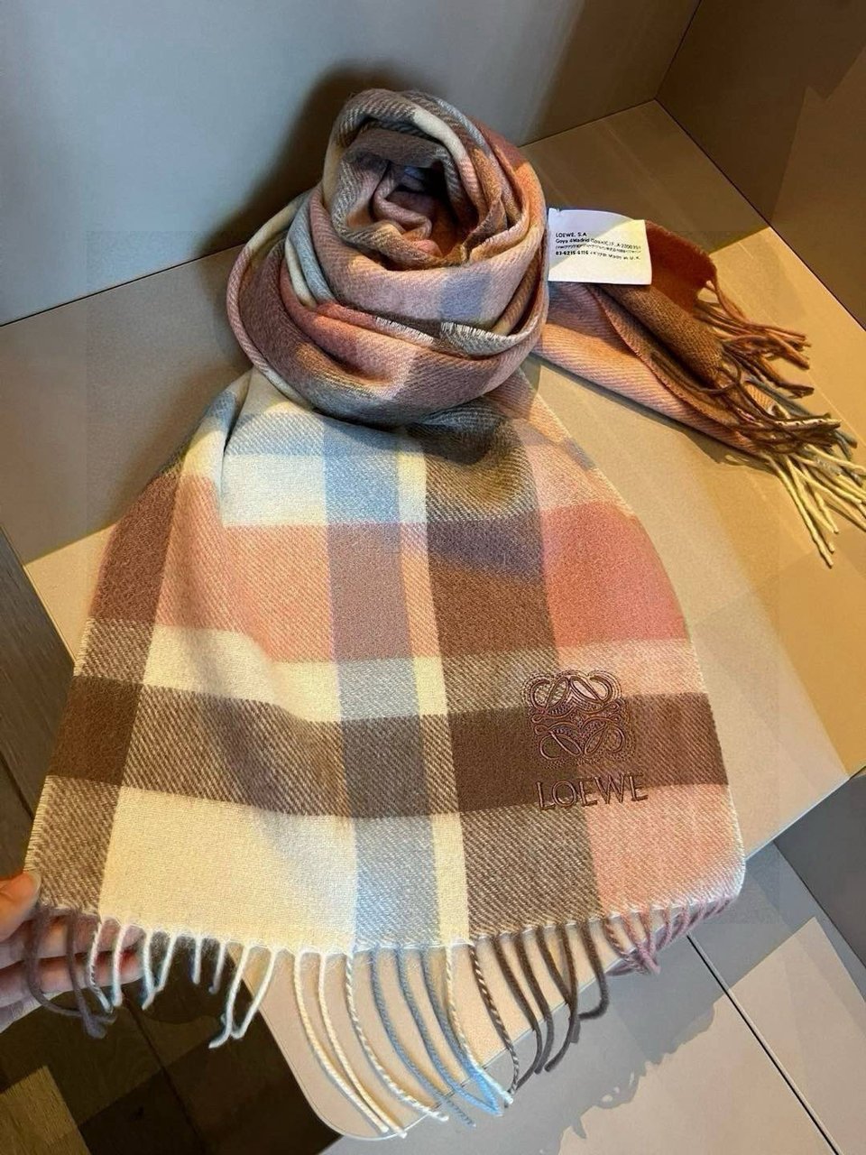 Loewe Wool Scarf Plaid Pink For Women 180cm