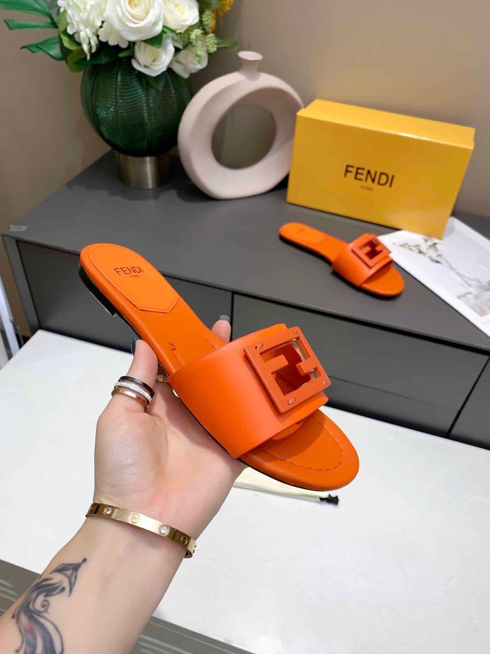 Fendi Signature Leather Sandals Slide Orange view 4