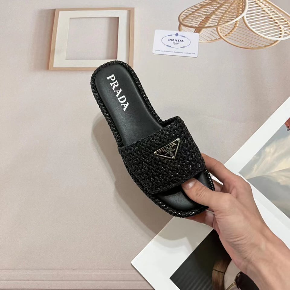 Prada Natural Crochet Platform Slides Black view 5
