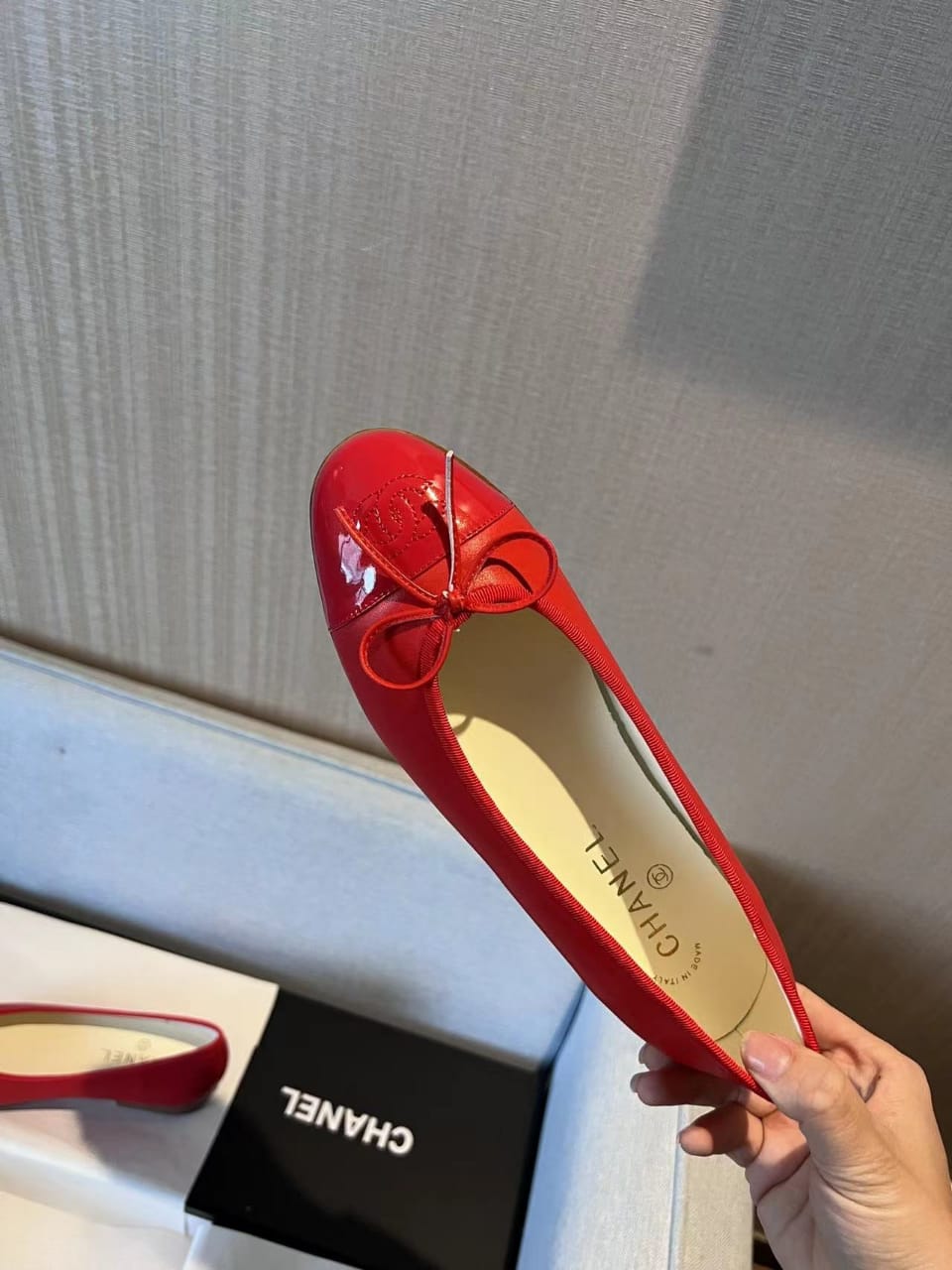 Chanel Cc Cap Toe Ballet Flats In Light Red Patent Leather view 6