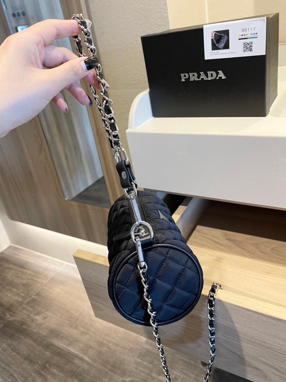 Prada Tessuto Black Quilted Barrel Bag Black 20Cm view 5