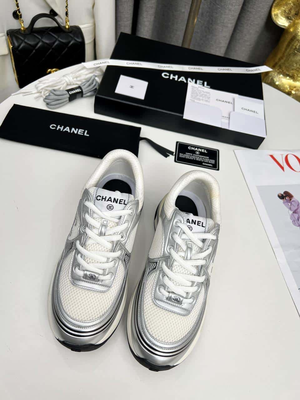 Chanel 23C Silver Metallic Cc Logo Lace Up Flat Runner Trainer Sneaker White G39792 Y56368 K5451 view 6