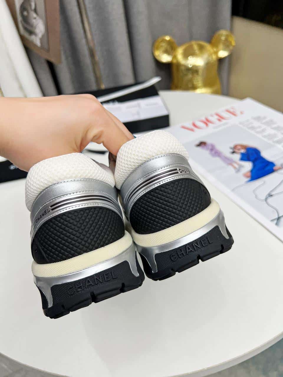 Chanel 23C Silver Metallic Cc Logo Lace Up Flat Runner Trainer Sneaker White G39792 Y56368 K5451 view 4