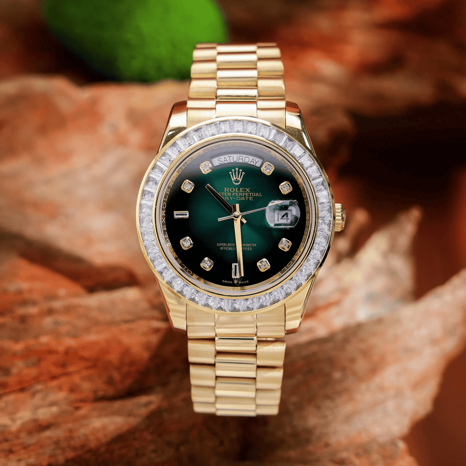 Rolex Yellow Gold Day-Date Diamond Bezel Onyx Green Dial President Bracelet 40mm view 6