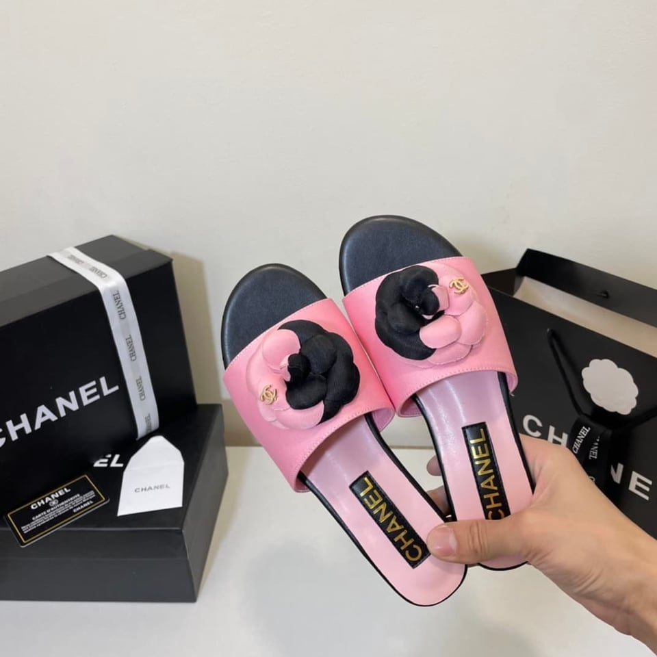 Chanel Camellia Slides Pink Black view 5