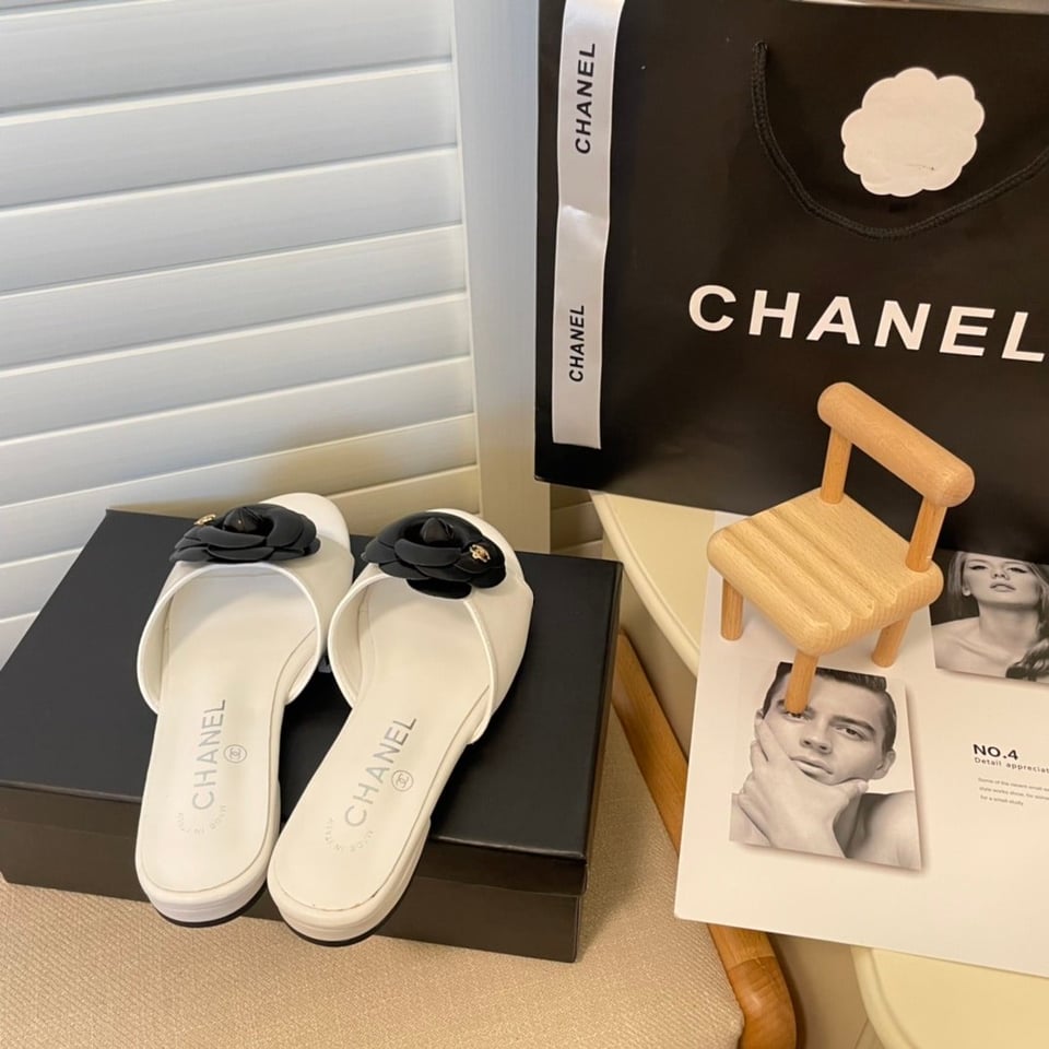 Chanel Black Camellia Slides White view 8