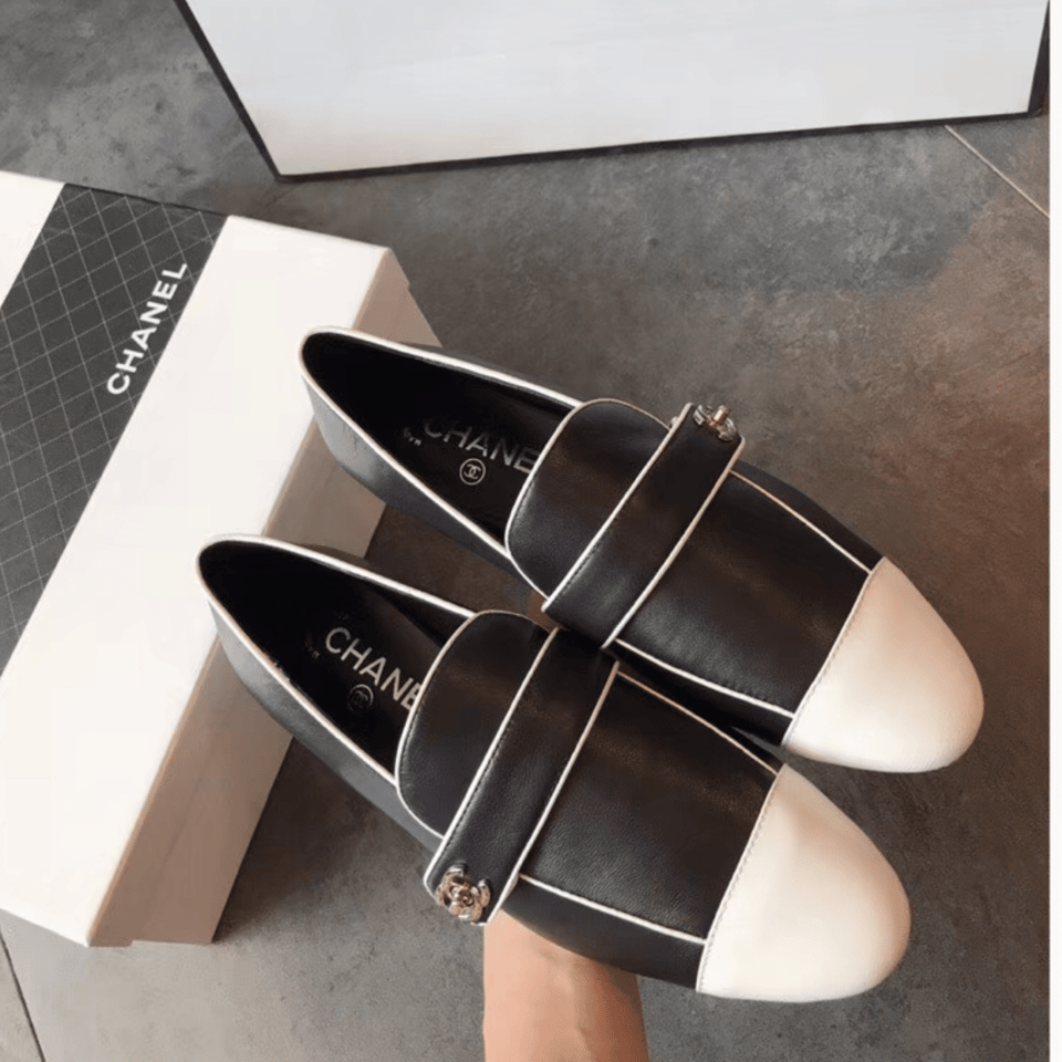 Chanel Leather Cc Cap Toe Slip On Loafers Black view 3