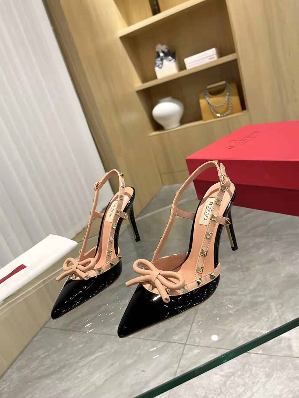 Valentino Rockstud Bow 100 Patent Slingback Pump Black Pink view 9