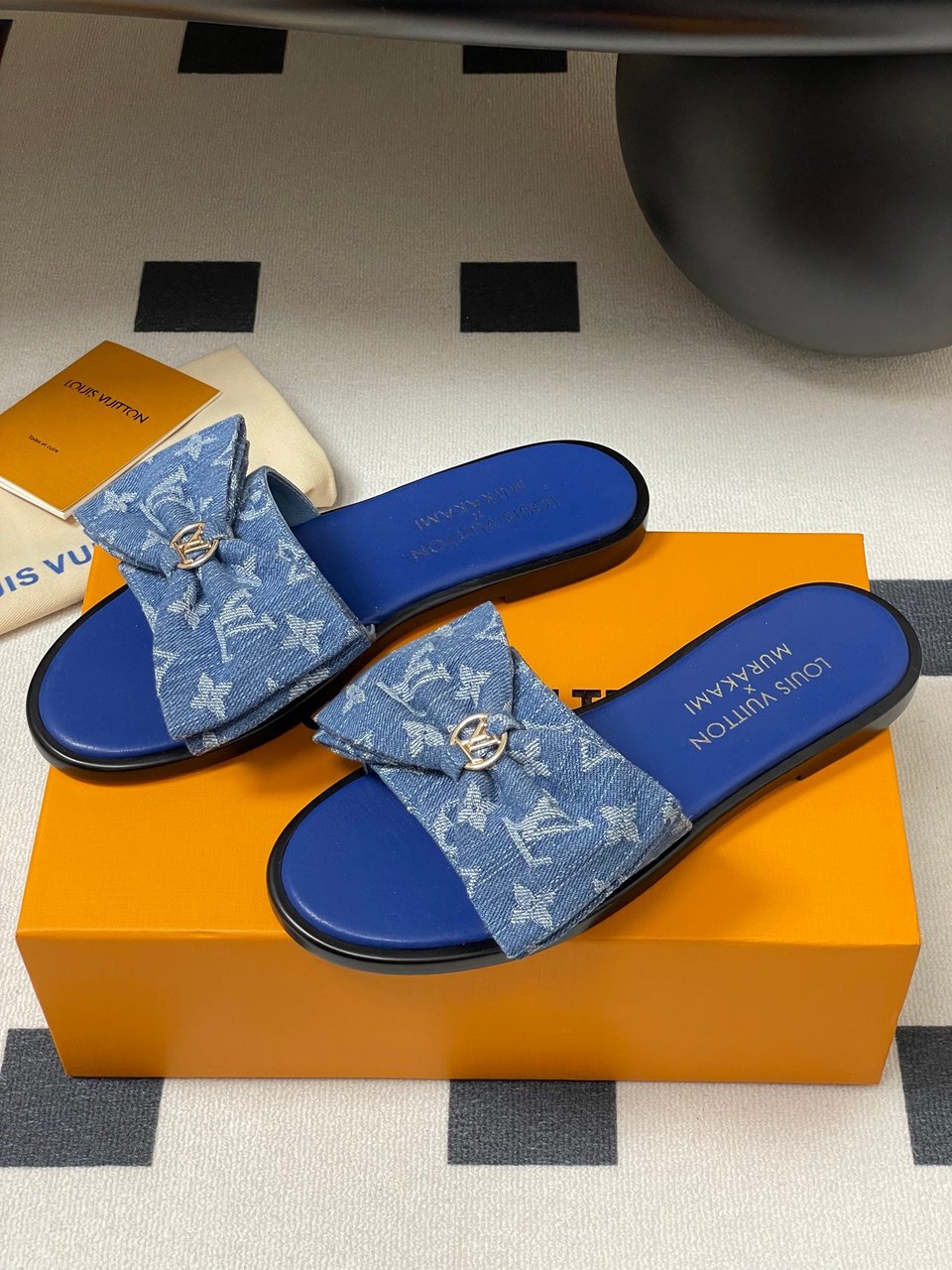 Louis Vuitton x Takashi Murakami Lily Flat Mule Bow Slide Sandals Blue Canvas 1AGVYA view 11