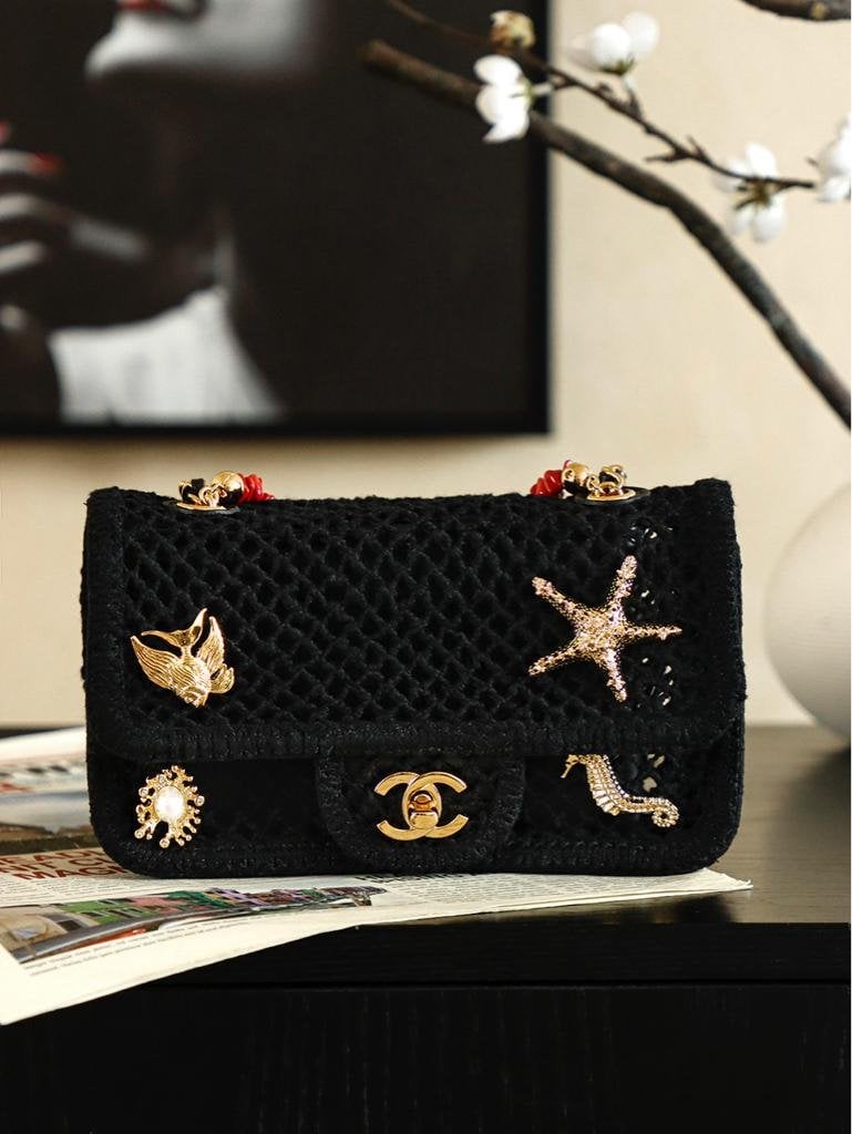Chanel Small Flap Bag Mesh, Charms &amp; Gold-Tone Metal 21cm/8.3in Black AS6156 view 11