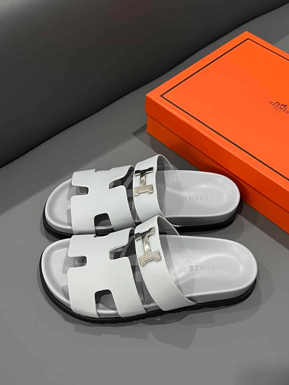 Hermes Chypre Sandal H Logo Silver Hardware Light Grey view 5