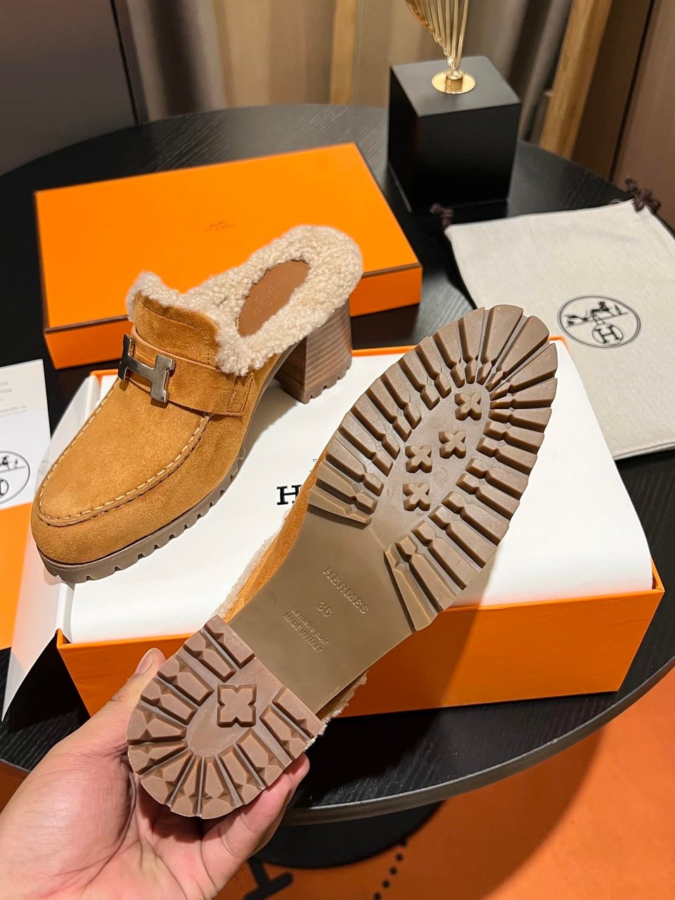 Hermes Flore 60 Mule Light Brown view 3