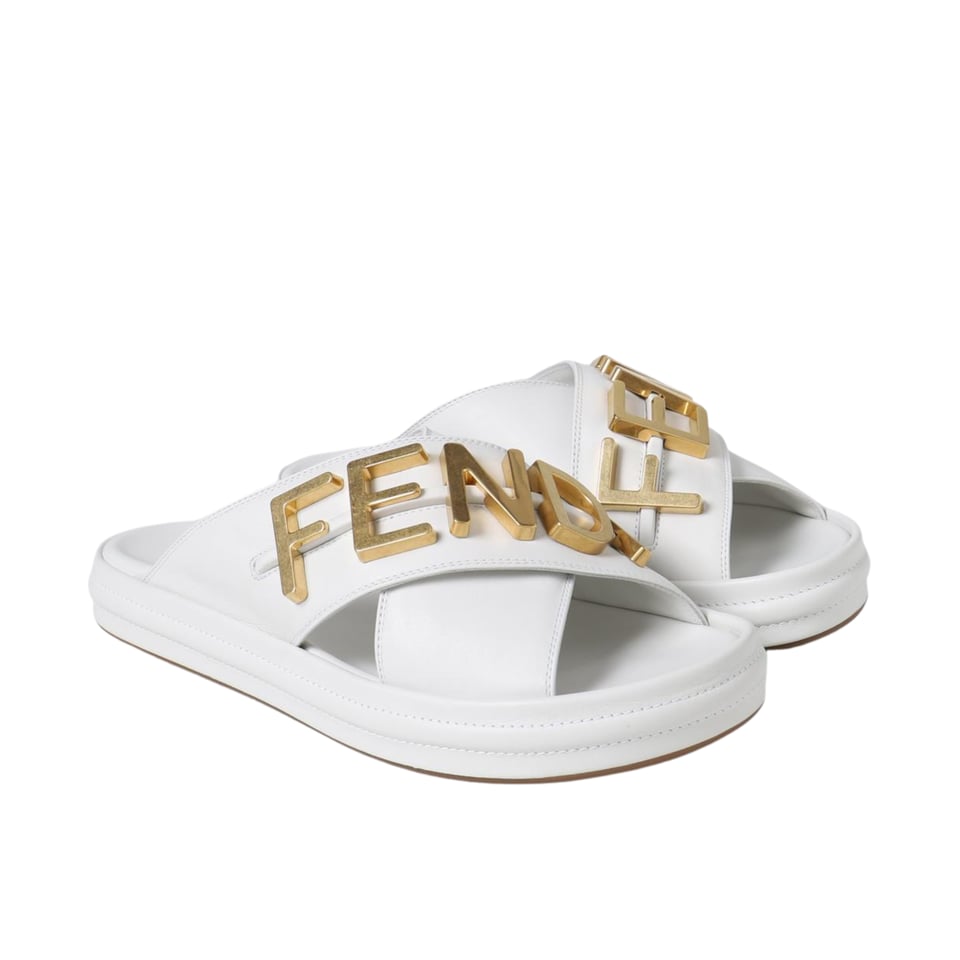 Fendi Fendigraphy Leather Slides White