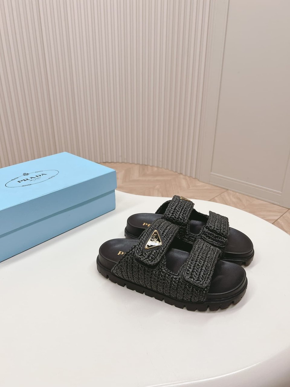 Prada Fussbett Raffia Dual Buckle Slide Sandals Black view 10