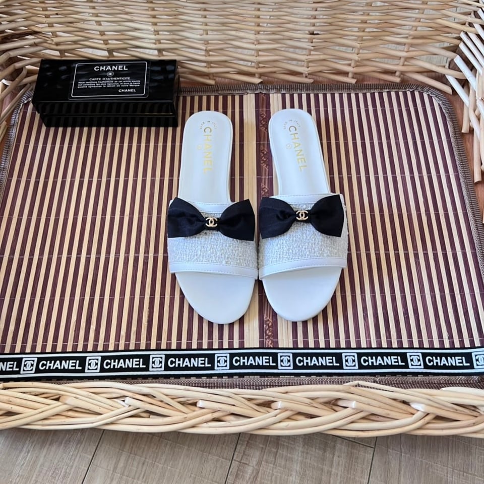 Chanel Grosgrain Ribbon Bow Flat Sandal Tweed White view 9