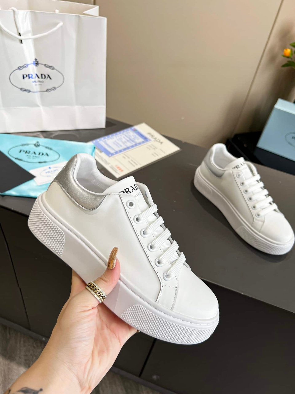 Prada Sneakers In White Leather With Silver Logo view 5