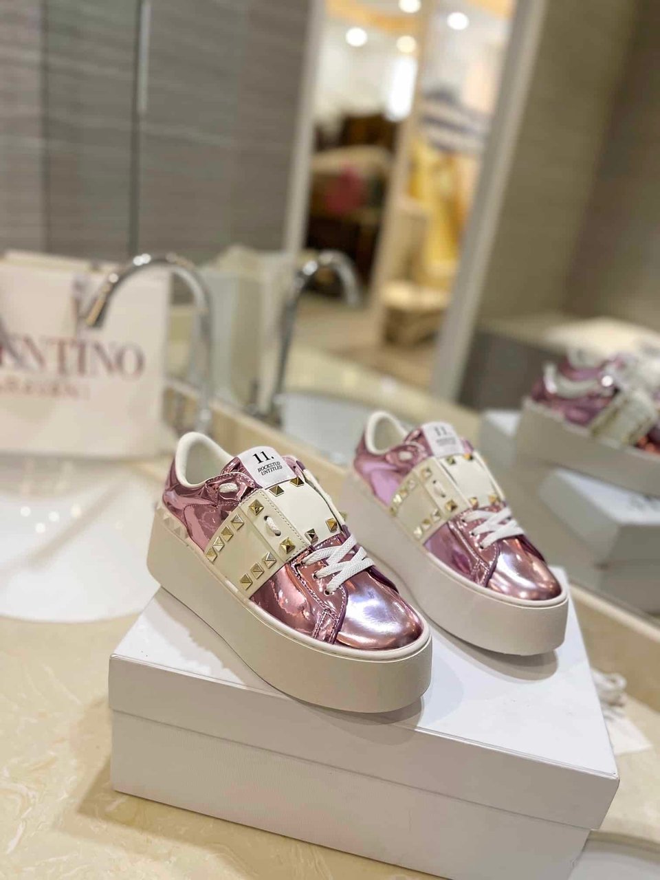 Valentino Garavani Flatform Rockstud Untitled Sneaker Metallic Pink view 11