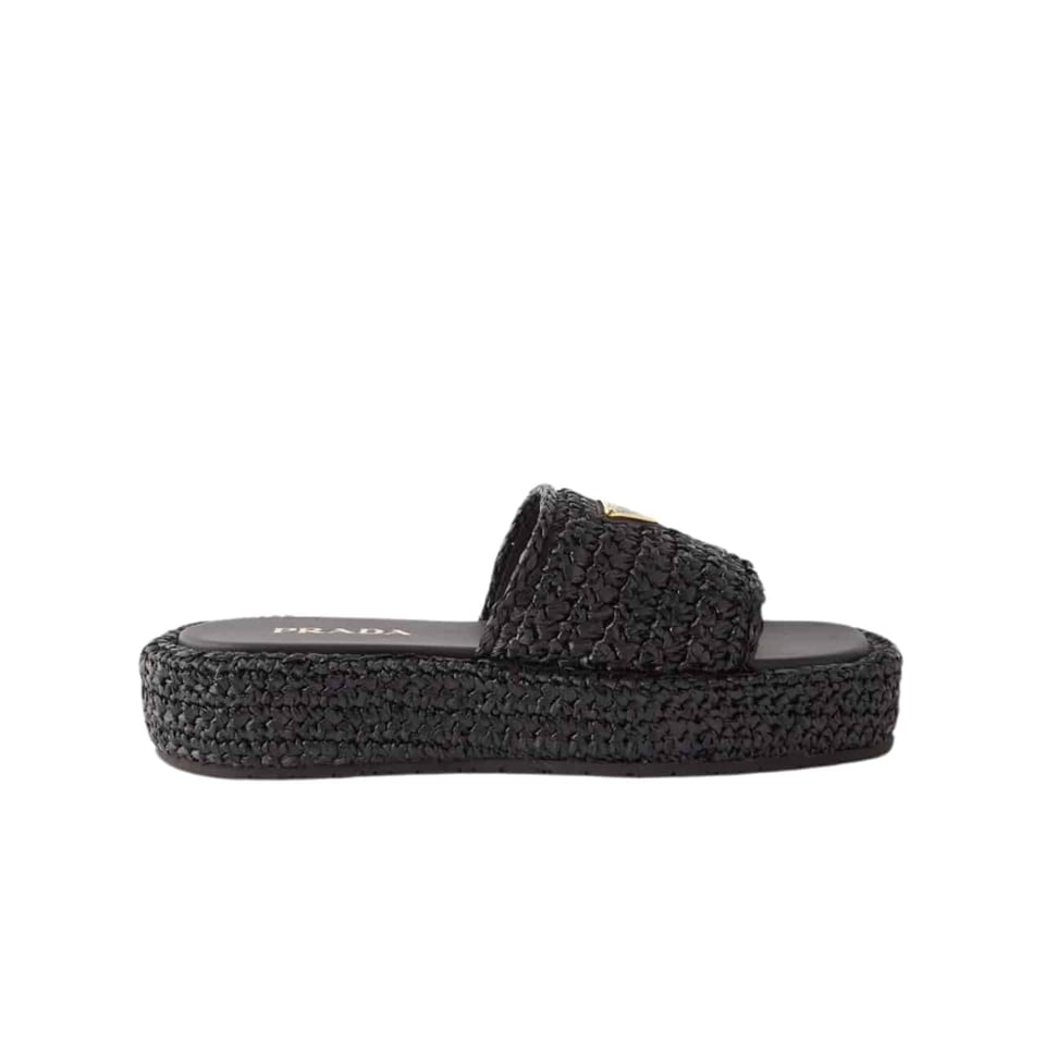 Prada Natural Crochet Platform Slides Black view 2