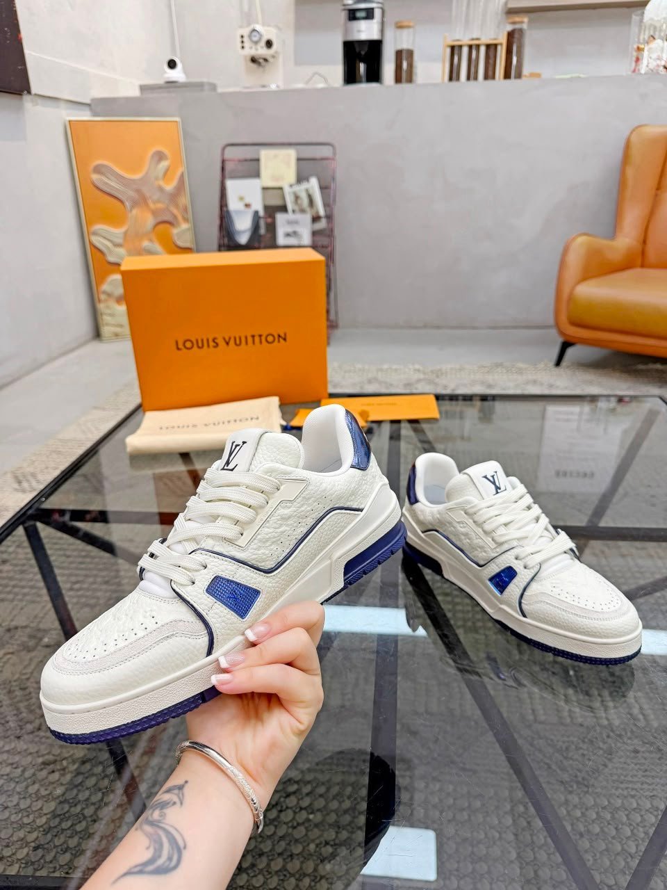 Louis Vuitton Trainer Sneaker Navy Blue Monogram-debossed Grained Calf Leather 1AKCLX view 6