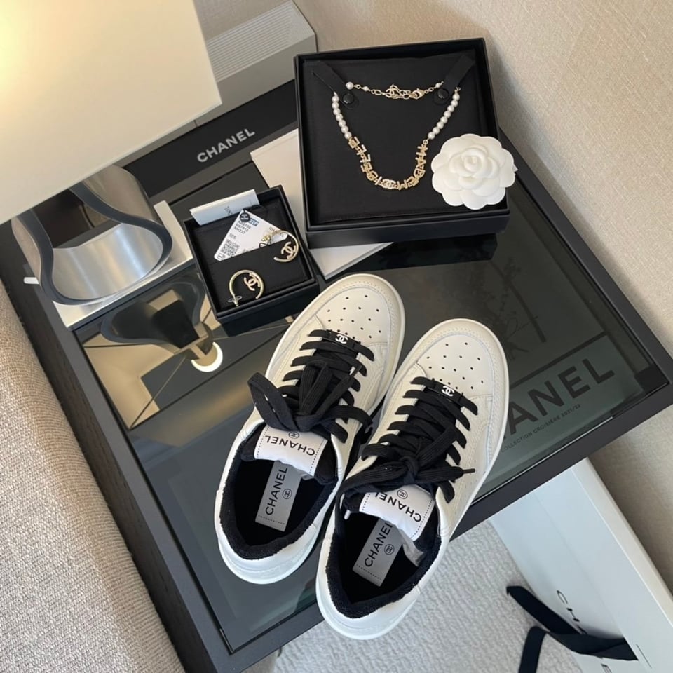 Chanel White/Black Leather Logo Sneakers view 6