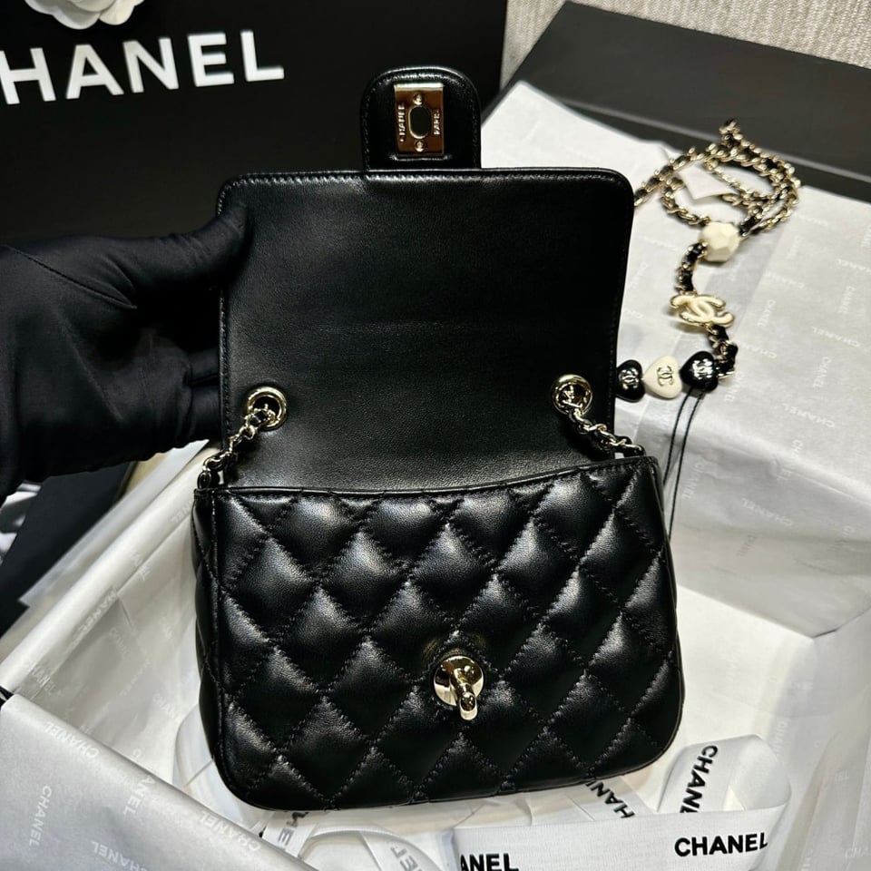 Chanel Mini Flap Bag in Black Lambskin view 12