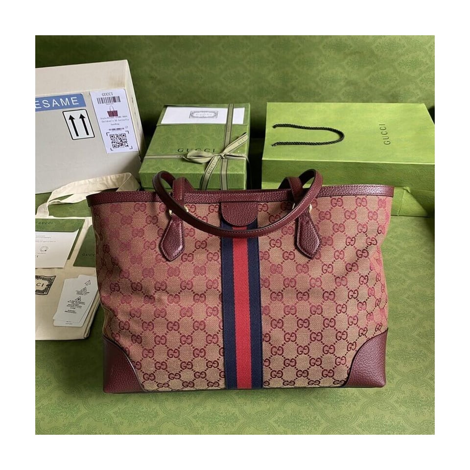 Gucci Ophidia Medium Tote With Web in Burgundy GG Canvas view 6