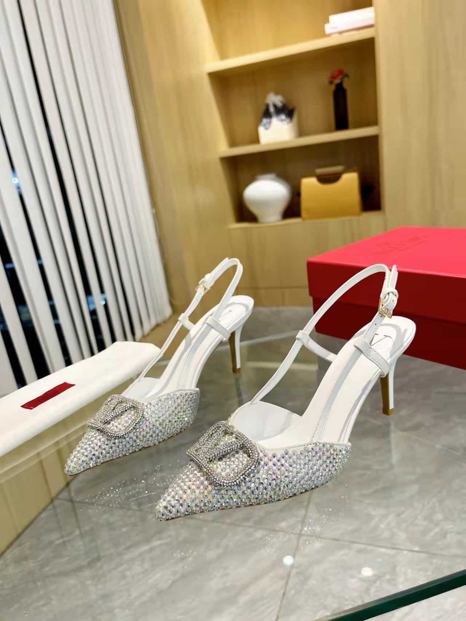 Valentino Vlogo Signature Back Strap Crystal High Heels White view 5