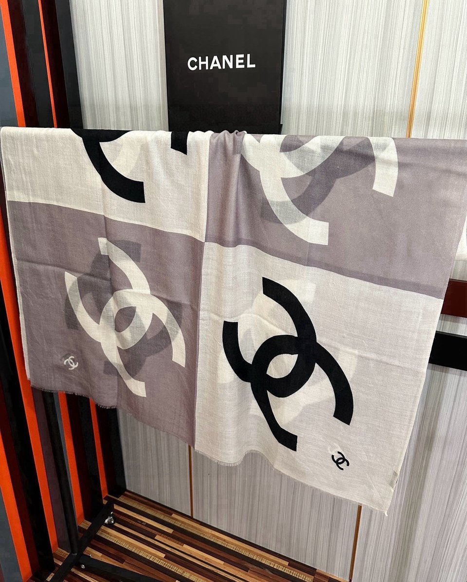 Chanel Silk Shawl CC Logo Colorblock Grey – White For Women 200cm view 6